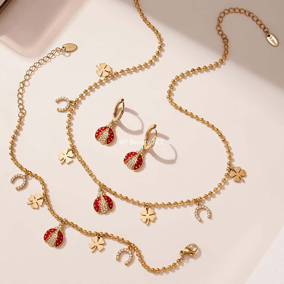 D관 - 스테인리스 스틸 무당벌레 큐빅 펜던트 목걸이 귀걸이 팔찌 발찌 [TXP479] 25.11-4