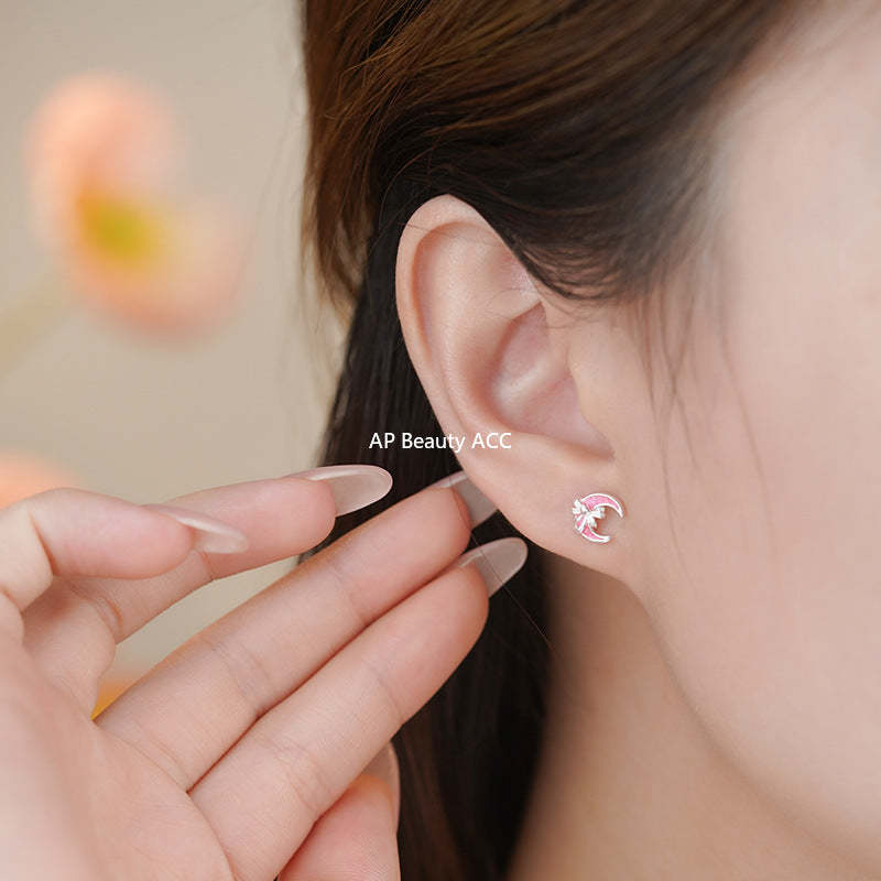 B관 - 999 실버 핑크 달 리본 피어싱 귀걸이 [YC6344E_1] 25.11-1