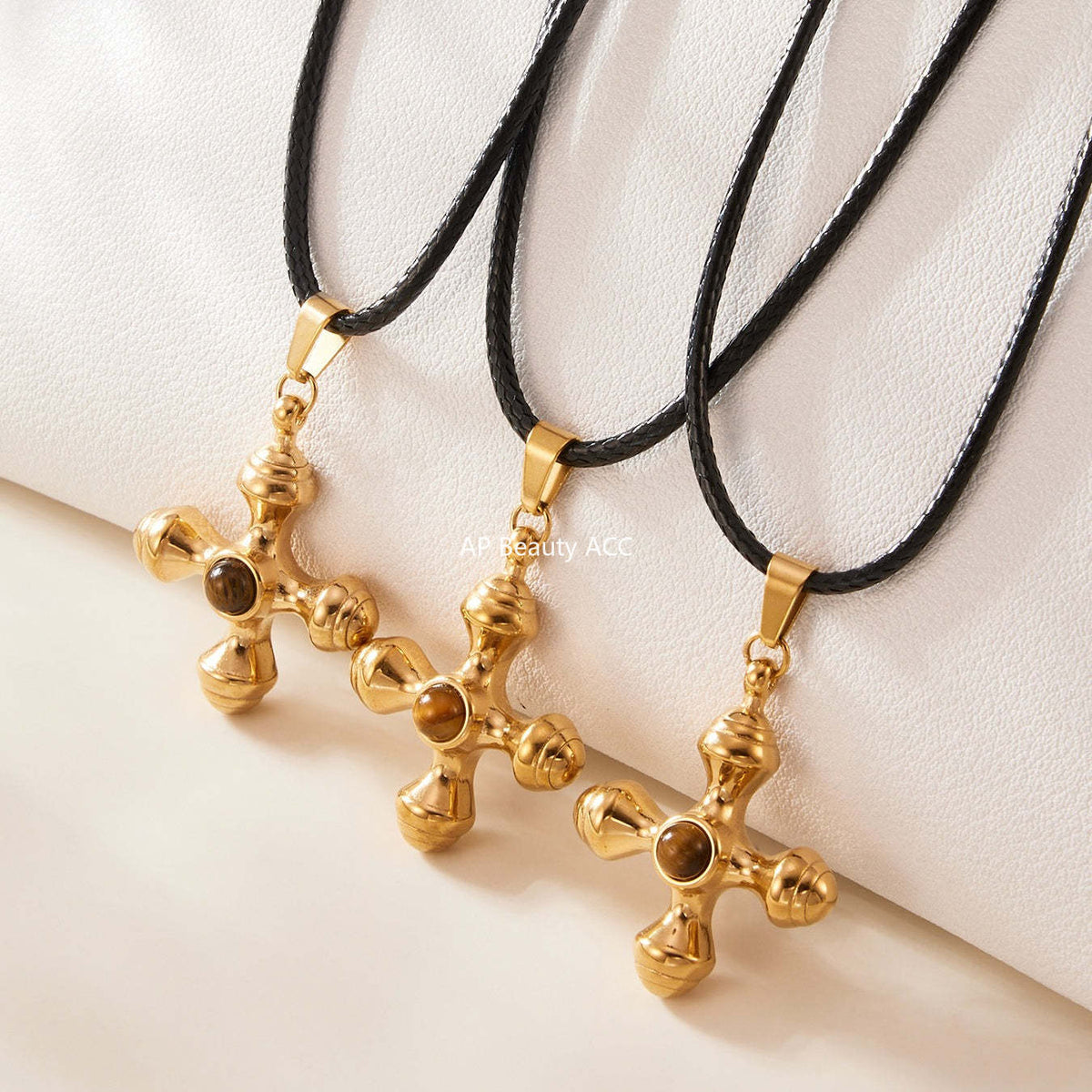 D관 - 호안석 십자가 레더 스트랩 스테인리스 롱 목걸이 [M082] 25.11-3