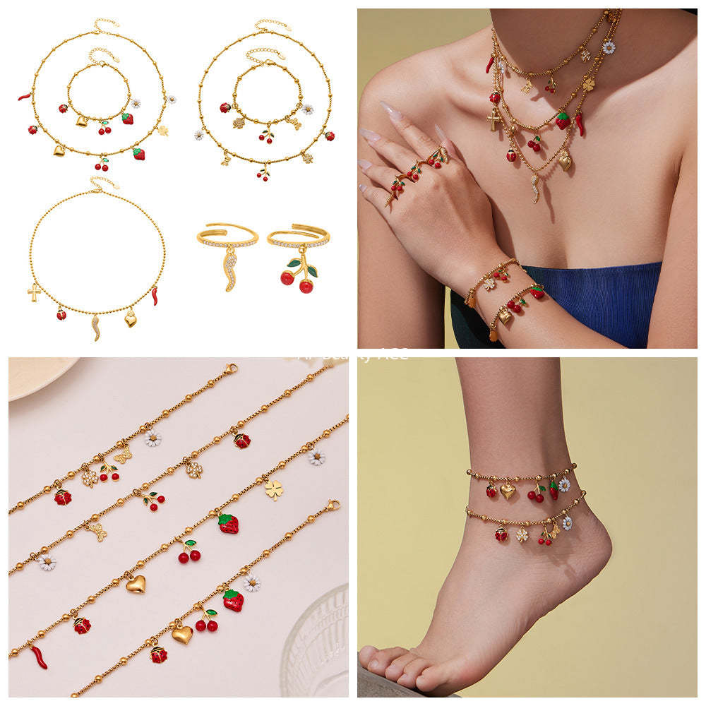 D관 - 스테인리스 스틸 큐빅 체리 딸기 펜던트 목걸이 팔찌 반지 [TXP437] 25.10-4