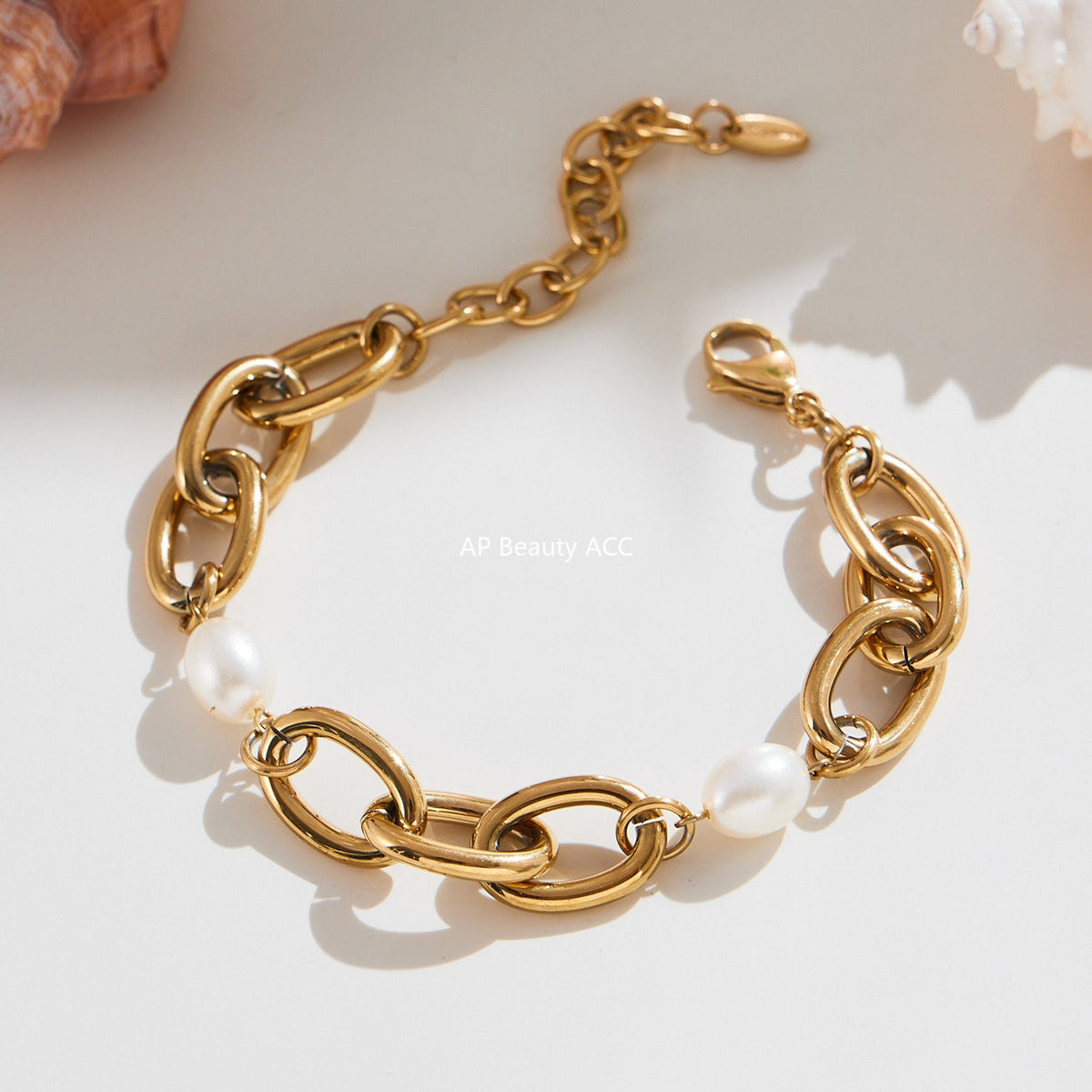 D관 - 18K 골드 도금 스테인리스 스틸 진주 핸드메이드 체인 팔찌 [E043] 25.10-1