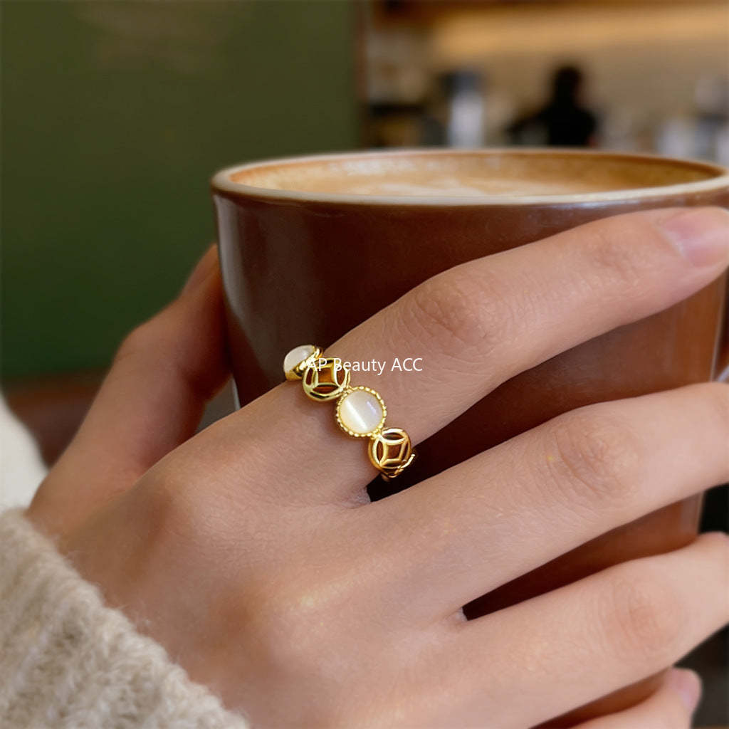 C관 - 18K 도금 글라스 묘안석 오픈형 반지 [7241] 25.12-3