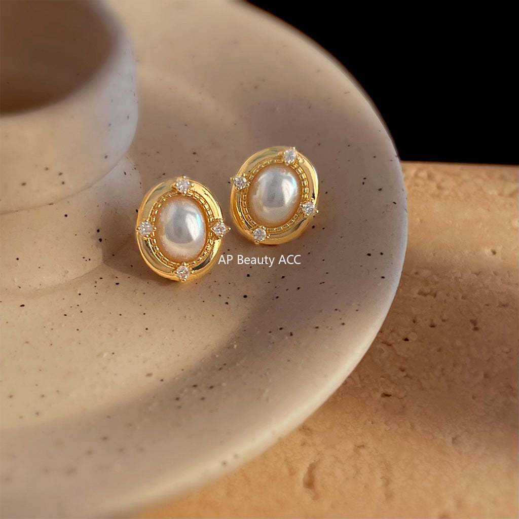 C관 - 14K 도금 925 은침 타원형 진주 큐빅 귀걸이 [5467] 25.02-2