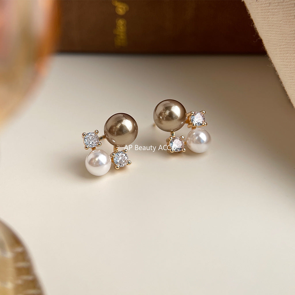 C관 - 925 은침 브라운 컬러 진주 큐빅 귀걸이 [6925] 25.10-3