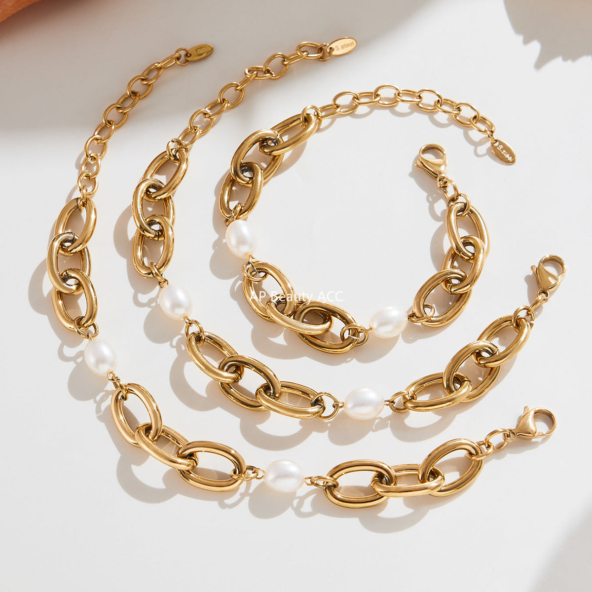 D관 - 18K 골드 도금 스테인리스 스틸 진주 핸드메이드 체인 팔찌 [E043] 25.10-1