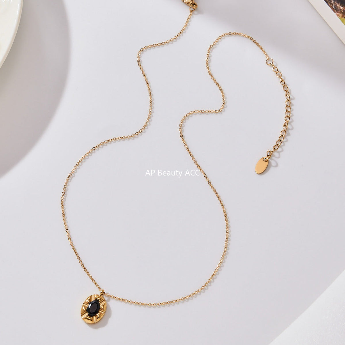 D관 - 스테인리스 스틸 블랙 큐빅 타원형 펜던트 목걸이 [P1437] 25.10-3