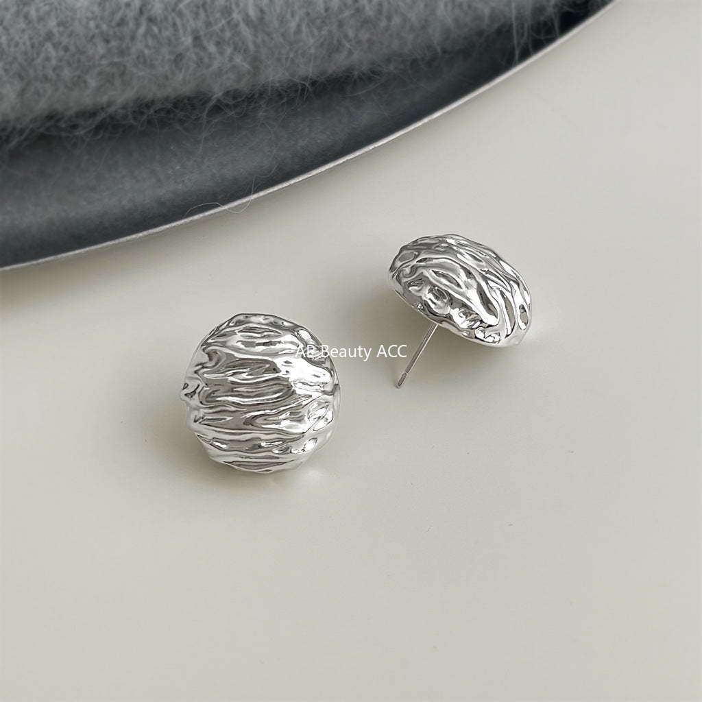 C관 - 호두 무늬 반원 디자인 925 은침 귀걸이 [7141-7142] 25.11-4