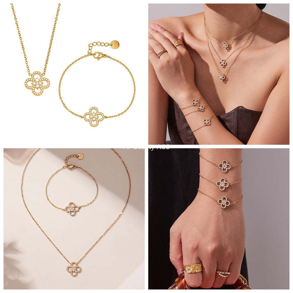 D관 - 네잎클로버 큐빅 18K 도금 스테인리스 목걸이 팔찌 [TXP474-TXE474] 25.11-3