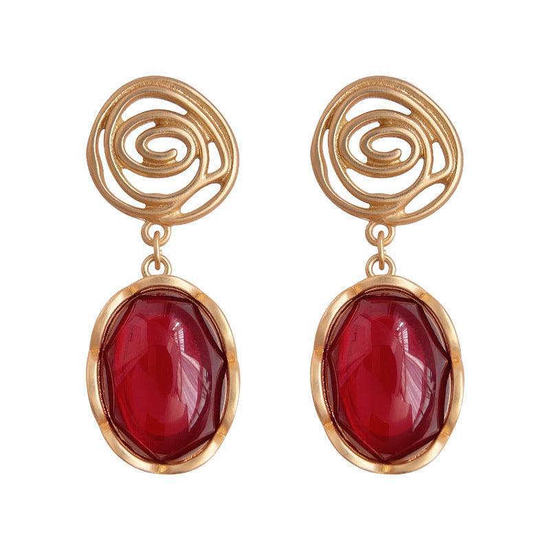 C관 - 14K 도금 홍콩 스타일 빈티지 와인 레드 타원형 에나멜 귀걸이 [3638] 24.03-4