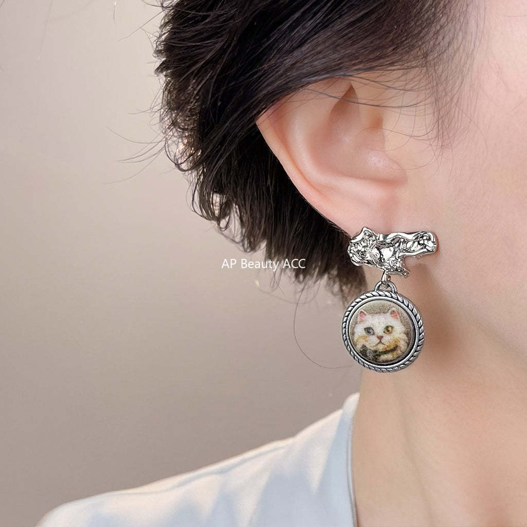 C관 - 핸드페인팅 레진 고양이 925 은침 귀걸이 [6974] 25.10-5