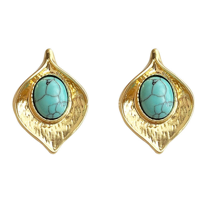 C관 - 14K 도금 잎 디자인 합성 터키석 귀걸이 [5032] 25.03-2