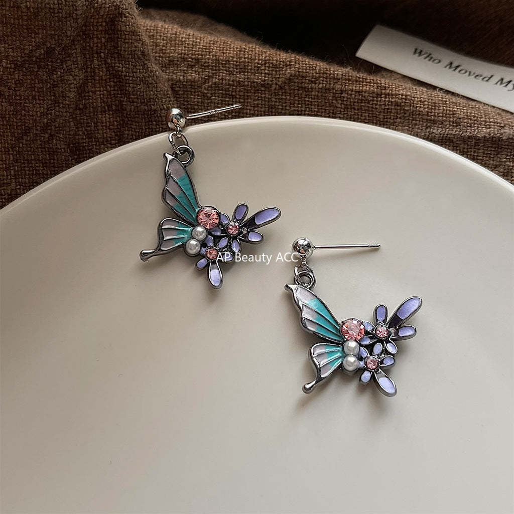 C관 - 에나멜 글레이징 컬러 나비 큐빅 진주 귀걸이 [5773] 25.03-4