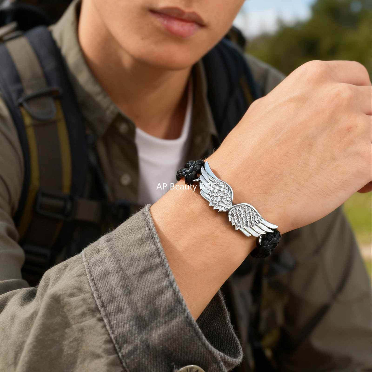 G관 - 블랙 PU 가죽 끈 천사 날개 펜던트 스트랩 팔찌 [BL-823S] 25.12-3