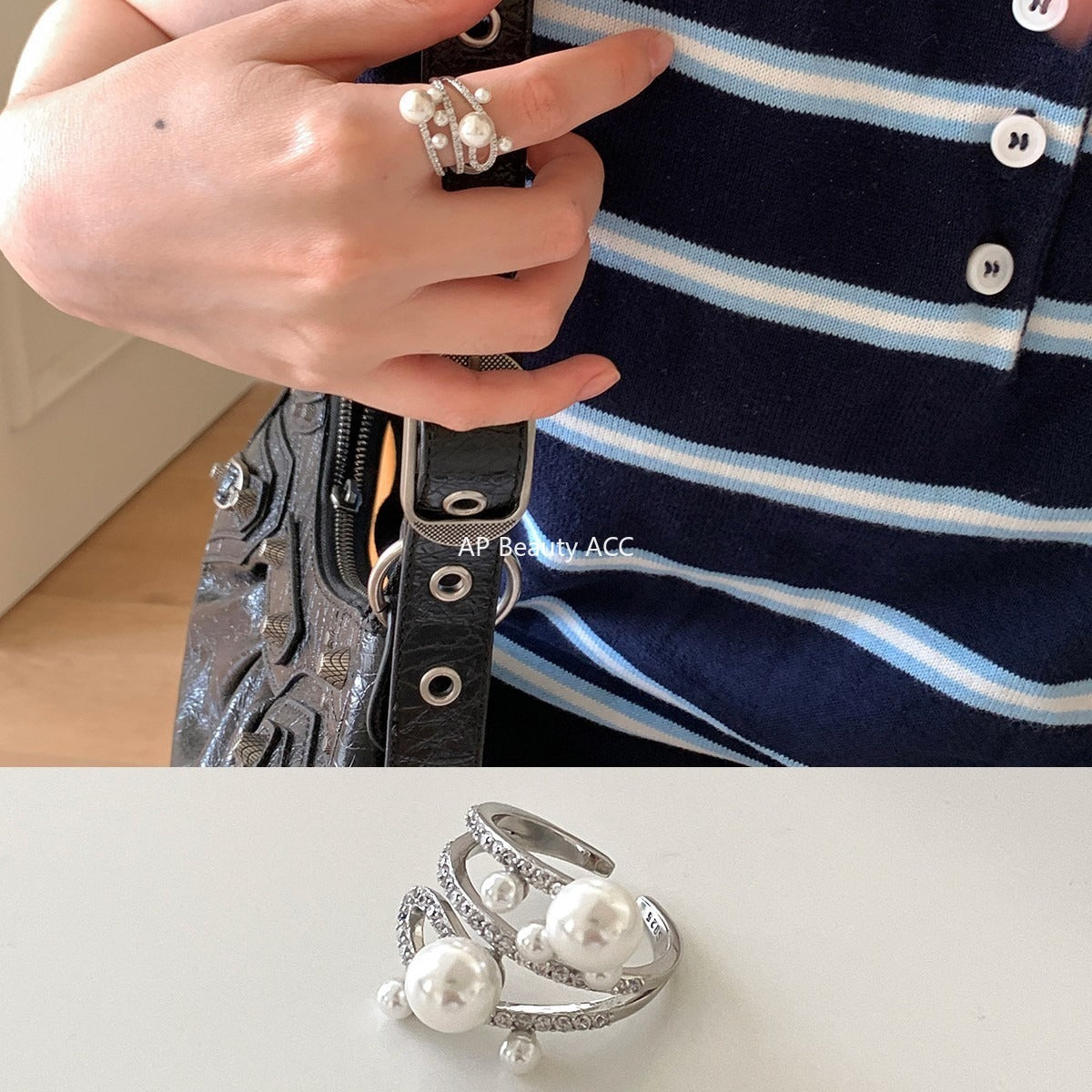 A관 - 빈티지 진주 레이어 큐빅 오픈형 반지 [JZ-0728] 25.11-1