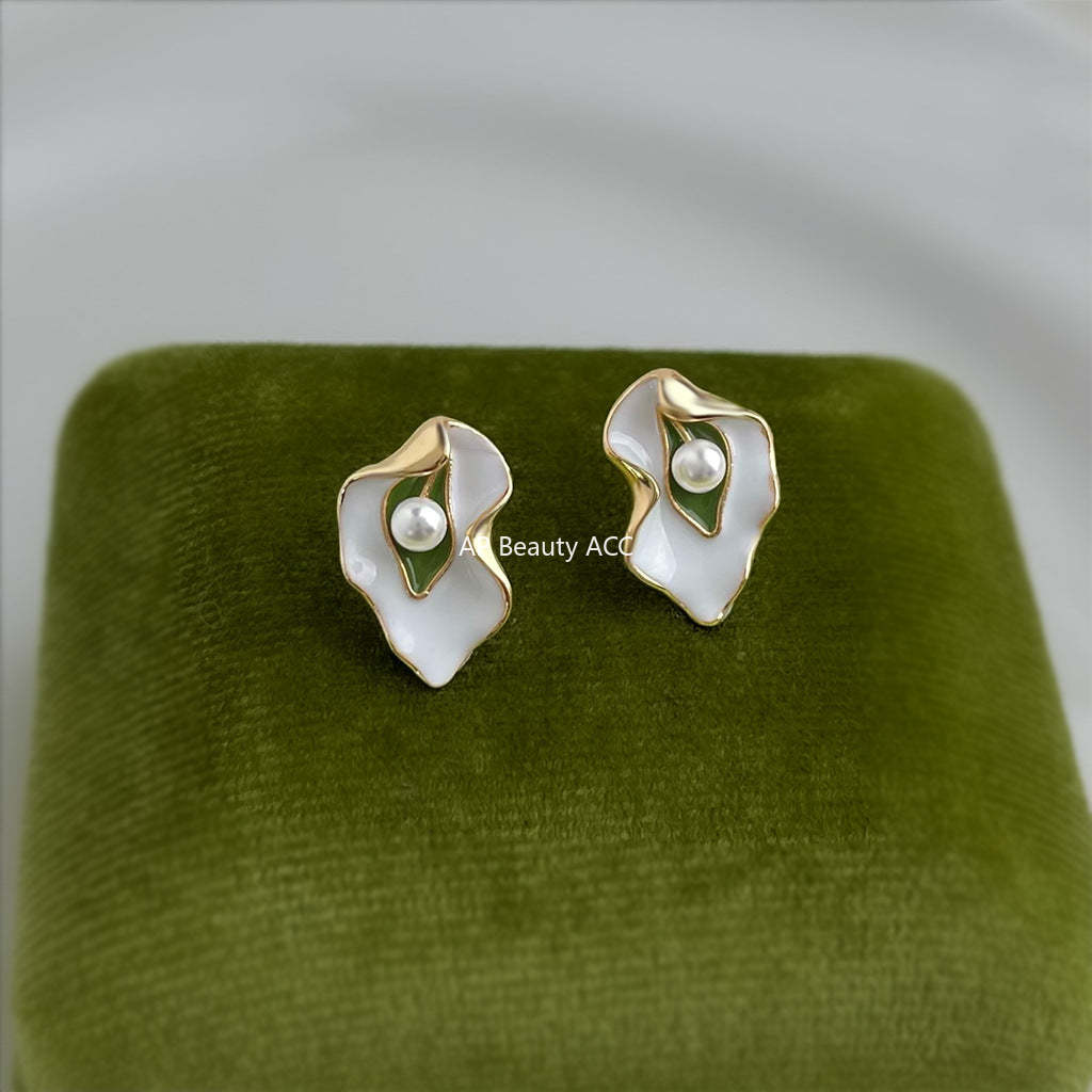 C관 - 925 은침 핸드페인팅 나뭇잎 디자인 진주 귀걸이 [6780] 25.09-4