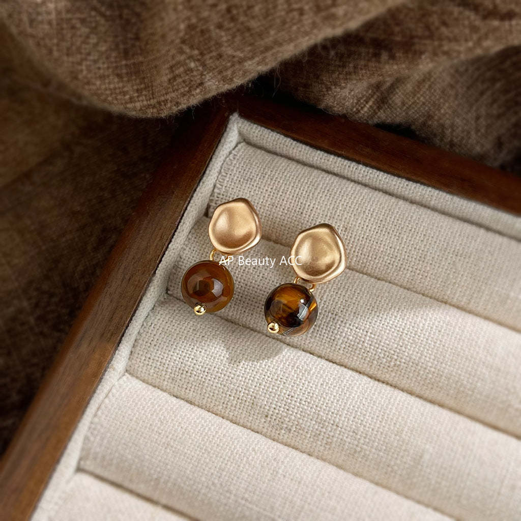 C관 - 925 은침 레트로 비정형 골드 천연석 호안석 귀걸이 [6994] 25.10-5