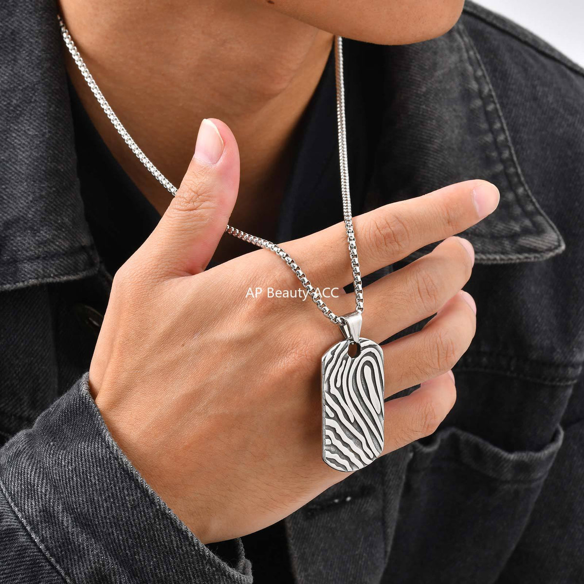 G관 - 지문 패턴 플레이트 펜던트 스테인리스 스틸 목걸이 [PN-2243] 25.12-2