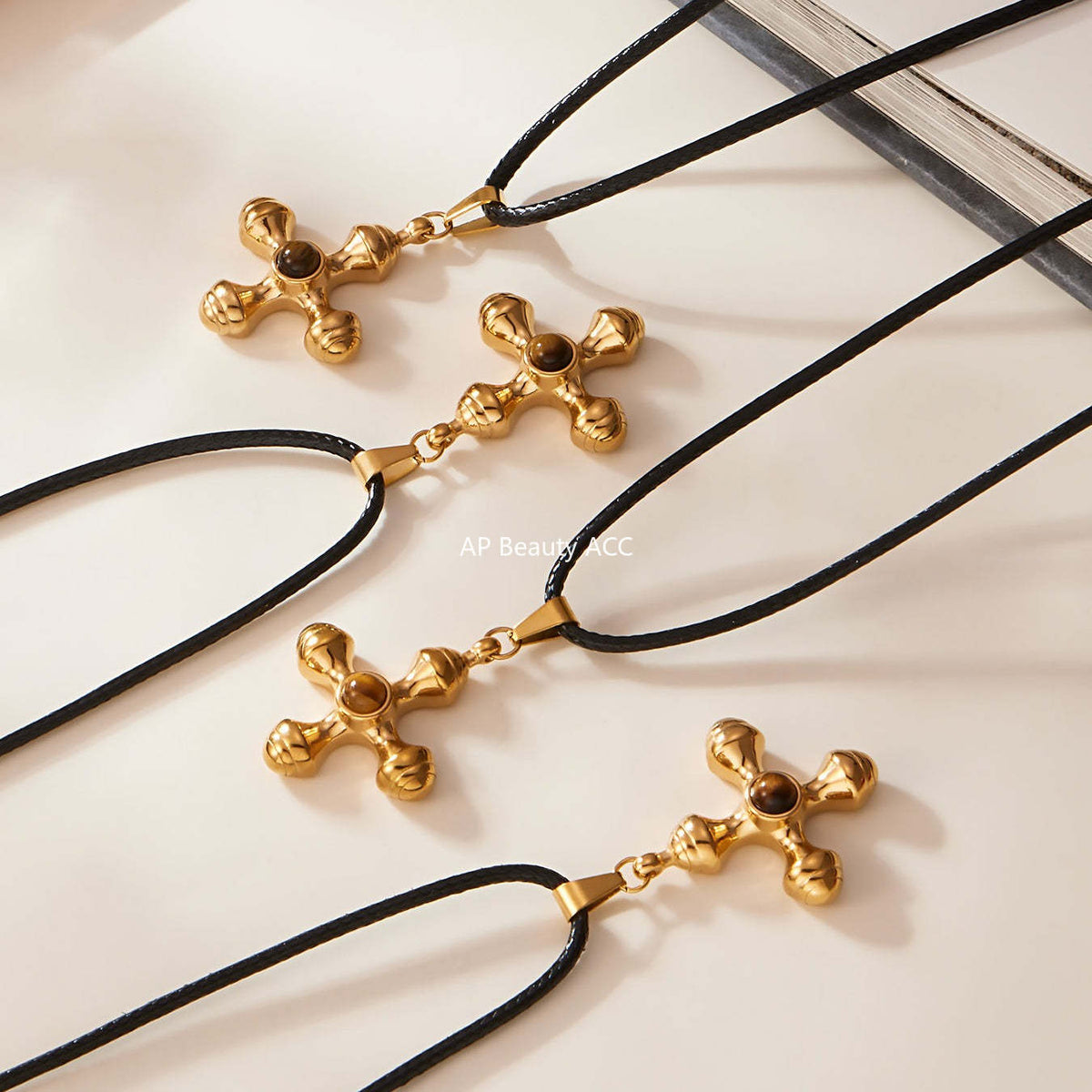 D관 - 호안석 십자가 레더 스트랩 스테인리스 롱 목걸이 [M082] 25.11-3