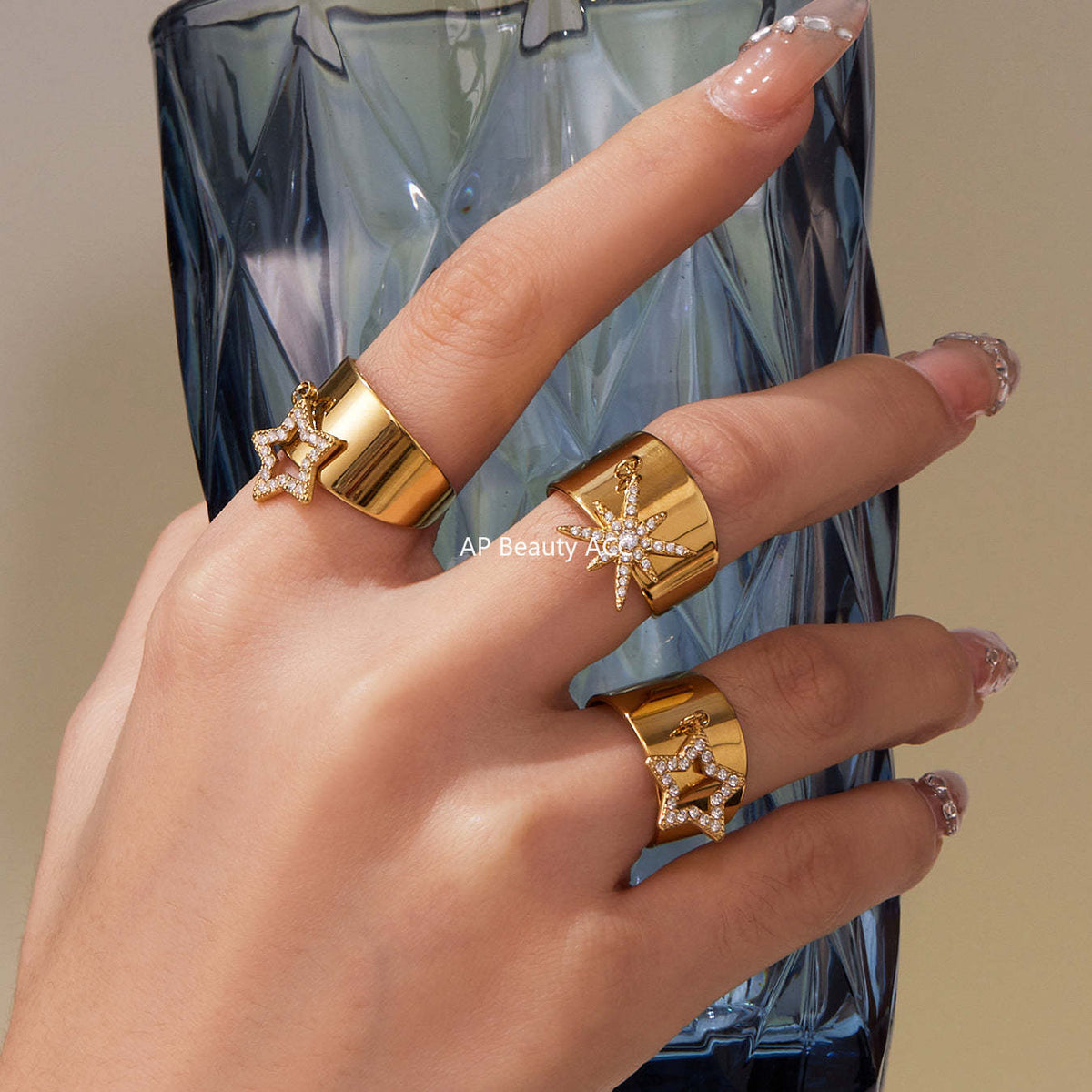 D관 - 스테인리스 스틸 와이드 별 큐빅 18K 골드 도금 오픈형 반지 [A074] 25.09-4