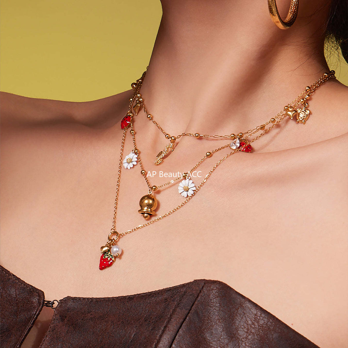 D관 - 스테인리스 스틸 해마 딸기 큐빅 펜던트 18K 도금 목걸이 [P755] 25.11-4