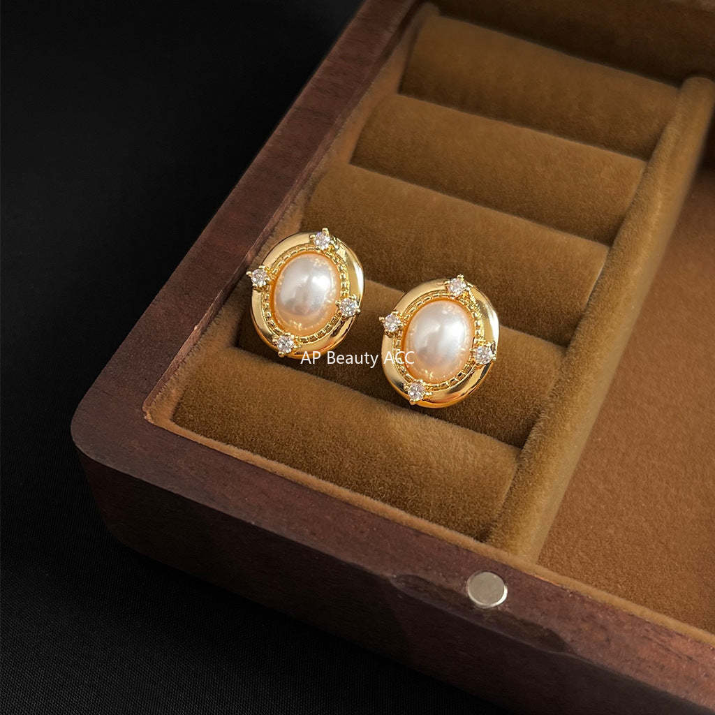C관 - 14K 도금 925 은침 타원형 진주 큐빅 귀걸이 [5467] 25.02-2