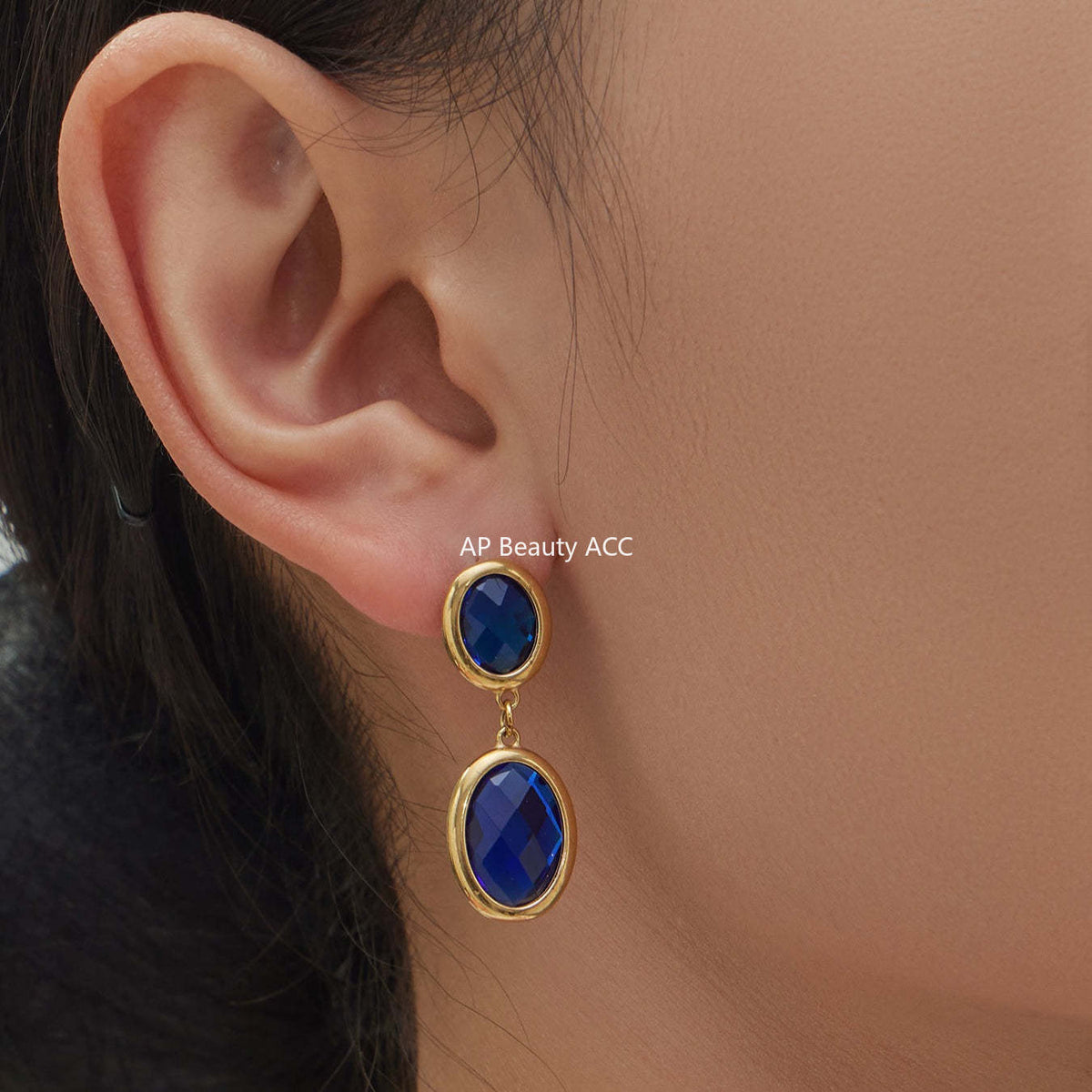 D관 - 스테인리스 스틸 18K 도금 타원 컷팅 글라스 스톤 펜던트 귀걸이 [F957] 25.12-1