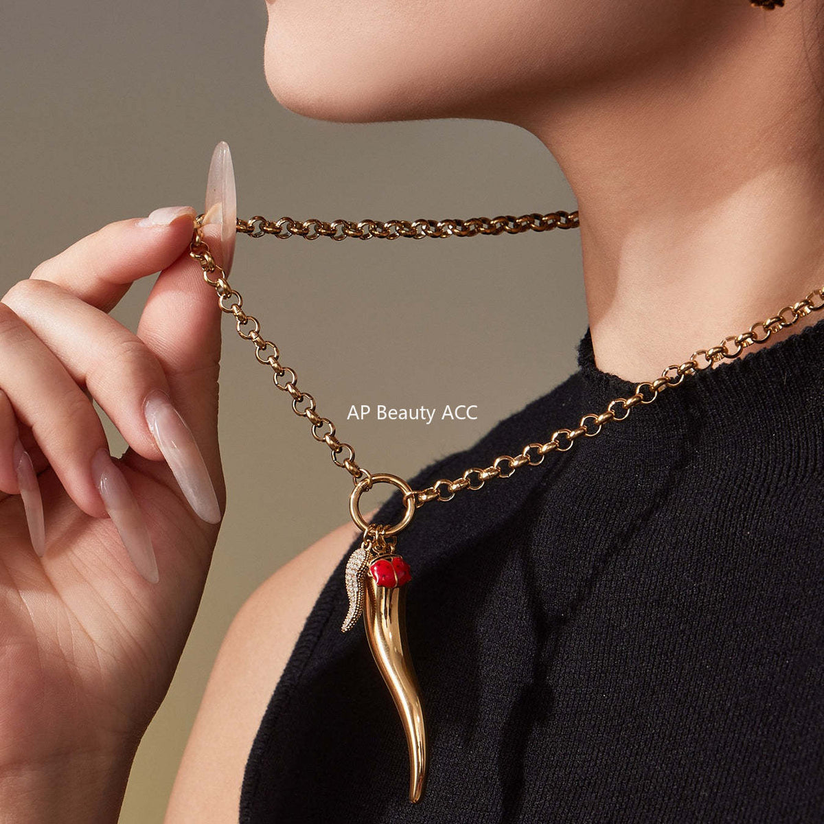 D관 - 고추 모양 펜던트 큐빅 18K 도금 스테인리스 목걸이 [P1094] 25.11-3