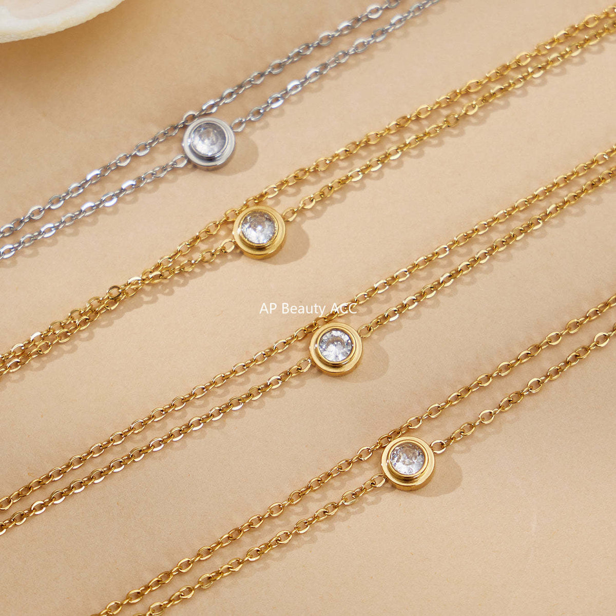 D관 - 스테인리스 스틸 18K 도금 원형 큐빅 더블 레이어드 팔찌 [E198] 25.12-3