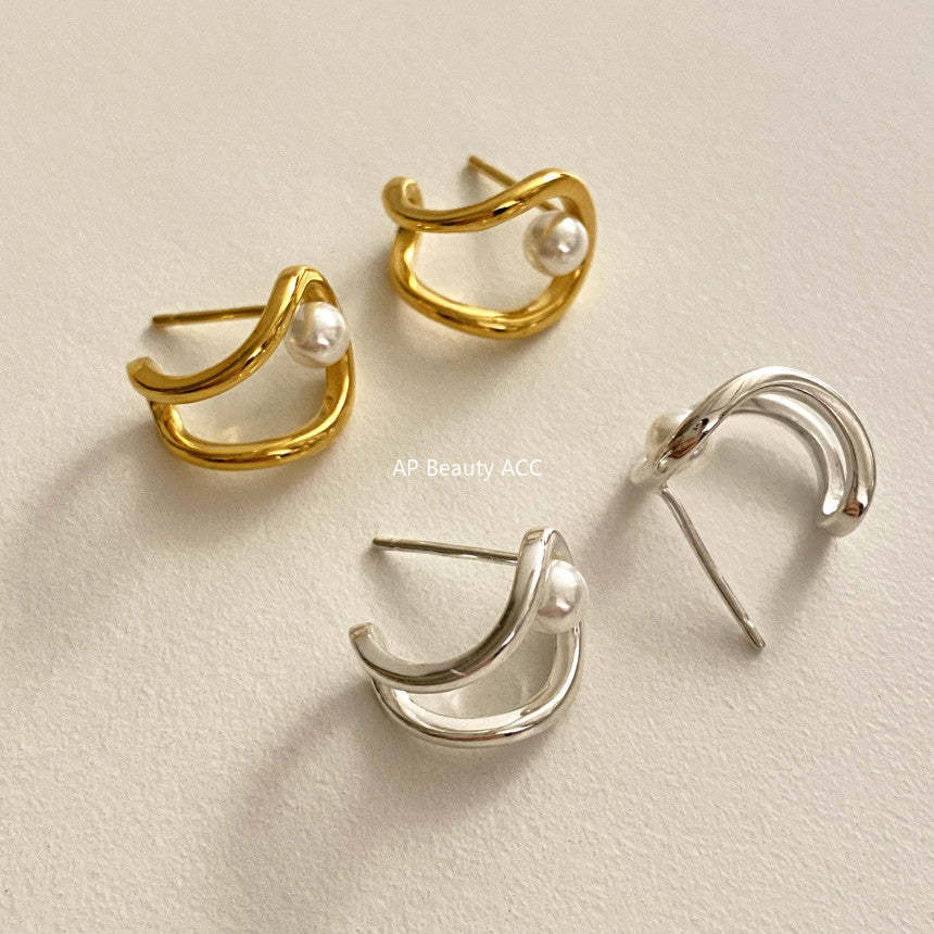 F관 - 925 실버 모조 진주 더블 라인 귀걸이 [C1231] 25.10-5