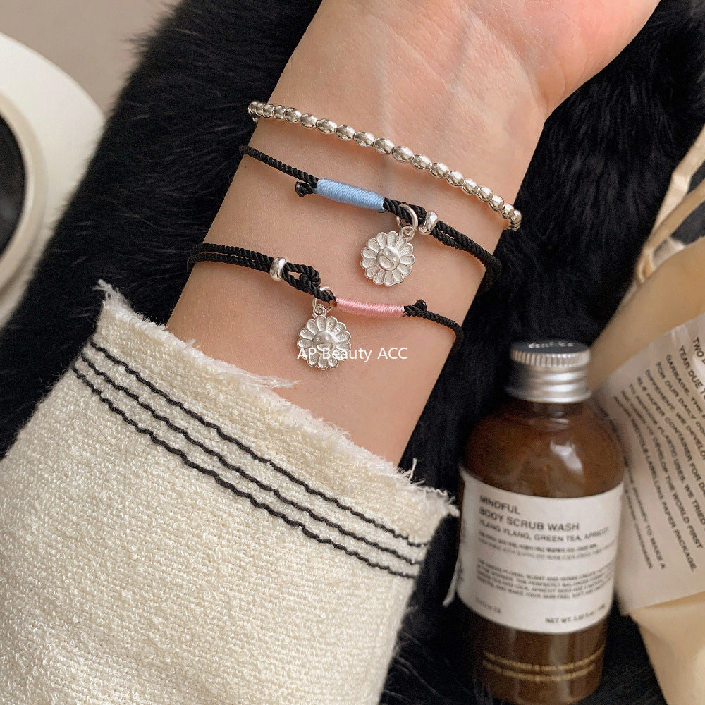 A관 - 925 실버 스마일 플라워 펜던트 핸드메이드 스트랩 팔찌 [1538] 25.11-2