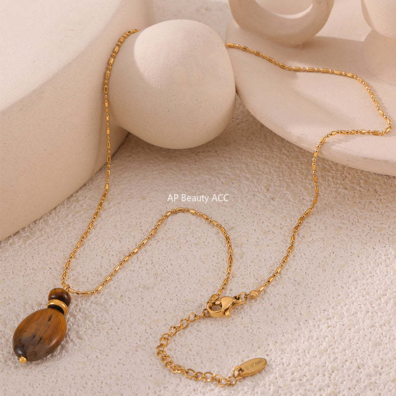 D관 - 레트로 천연 호안석 기하학적 타원 펜던트 티타늄 스틸 18K 도금 목걸이 귀걸이 [P041-F041] 24.05-1