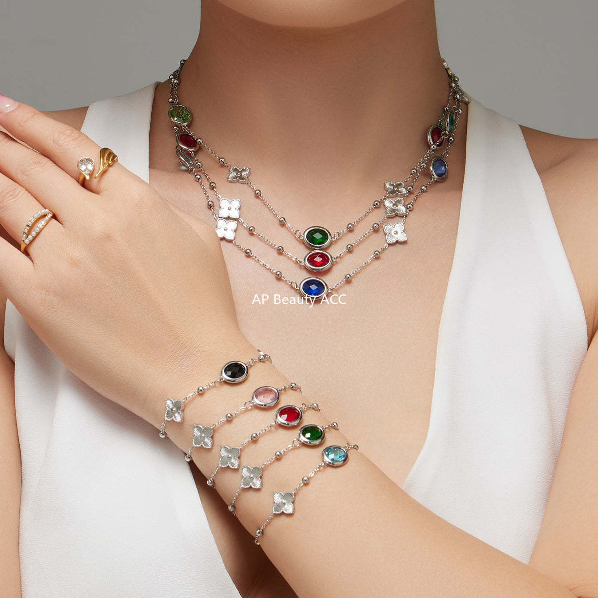 D관 - 스테인리스 스틸 타원형 컷팅 글라스 스톤 18K도금 목걸이 팔찌 귀걸이 [TXP506] 25.12-1