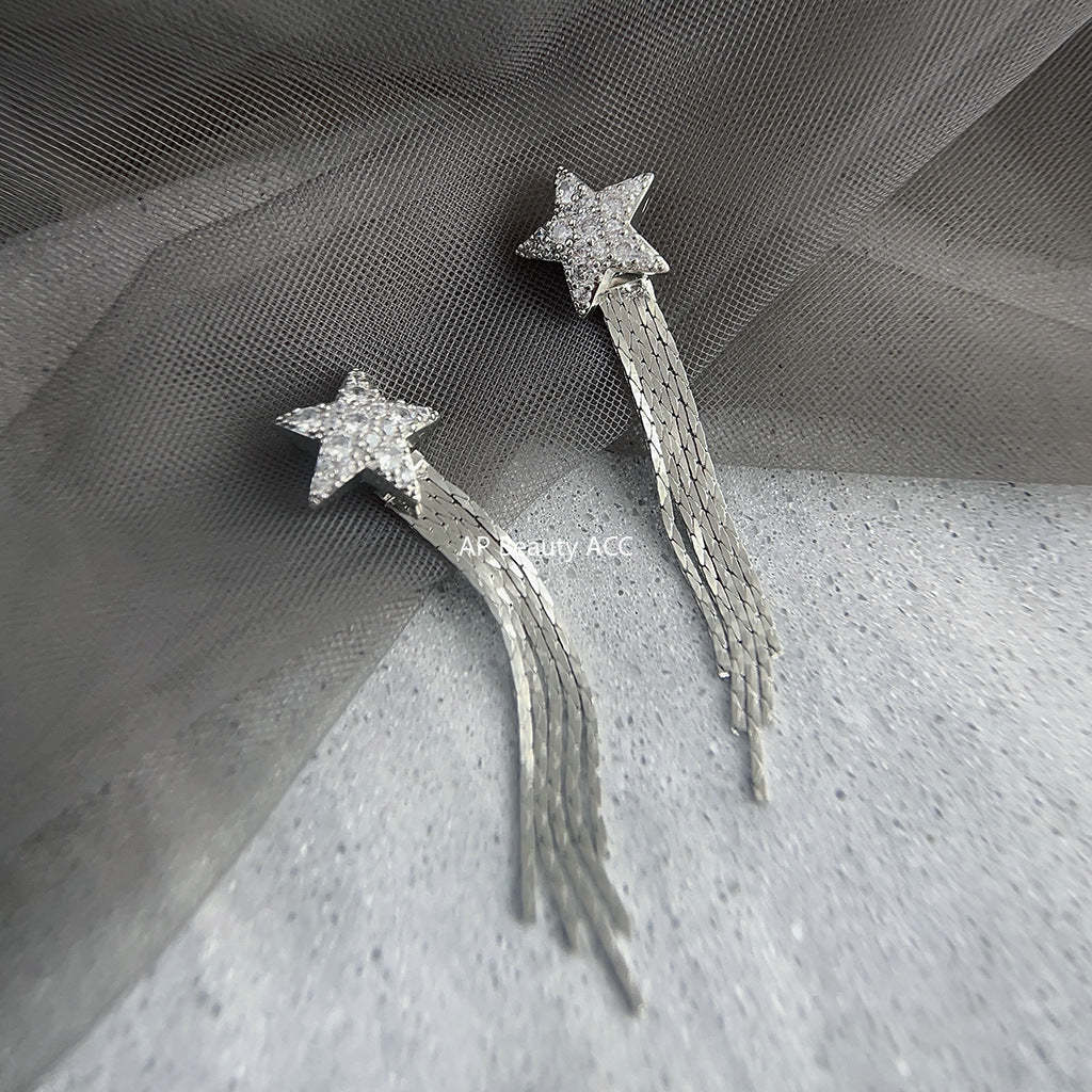 C관 - 미니 큐빅 오각별 긴 백금 도금 은침 귀걸이 [3918] 24.05-3