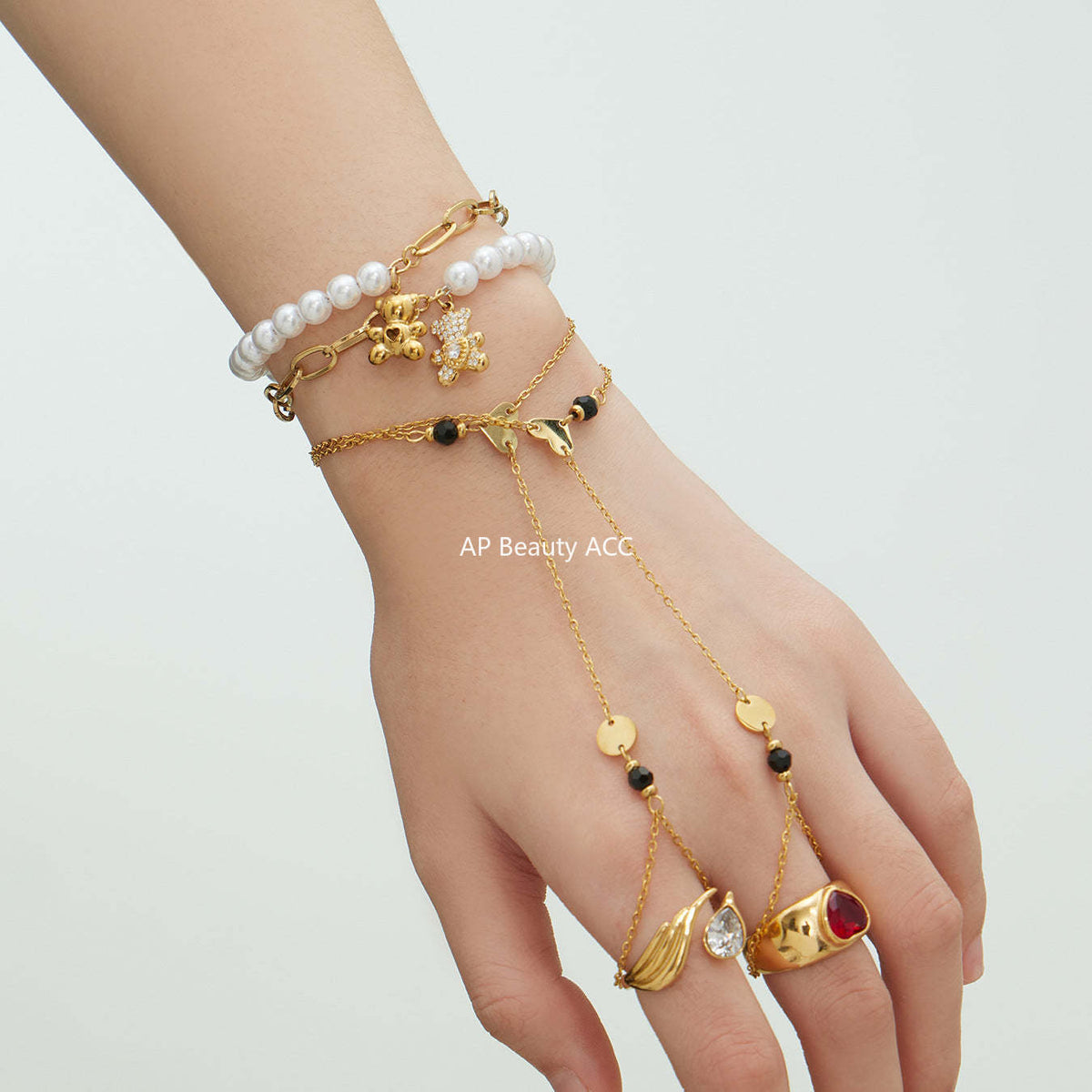 D관 - 스테인리스 스틸 18K 도금 큐빅 곰 펜던트 진주 팔찌 [E153-E162] 25.12-3