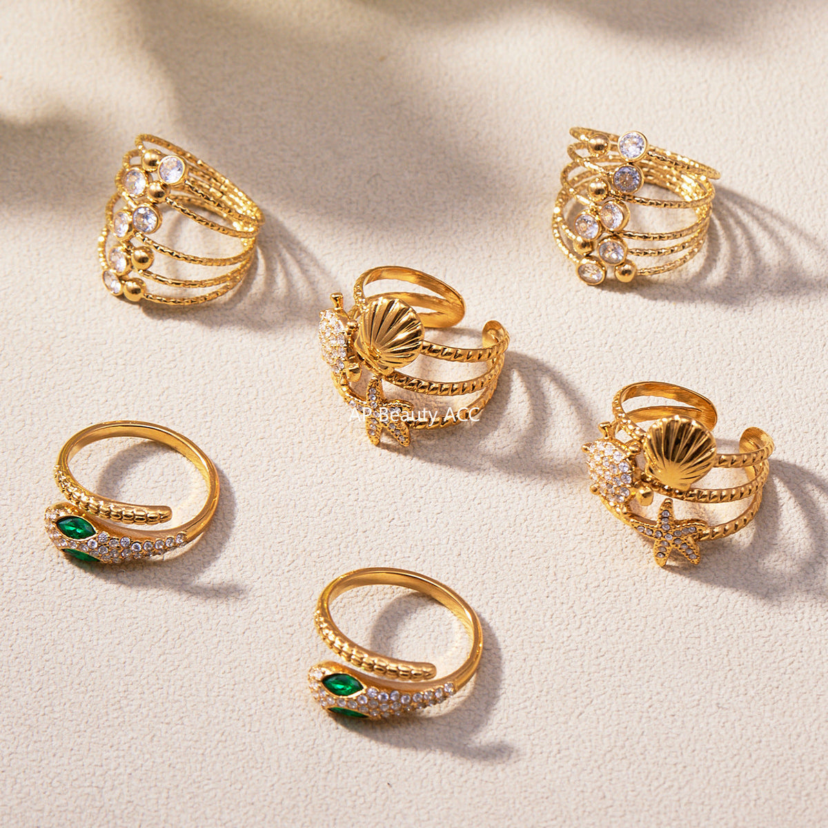 D관 - 스테인리스 18K 도금 큐빅 뱀 조개 레이어 반지 [A659] 25.11-1