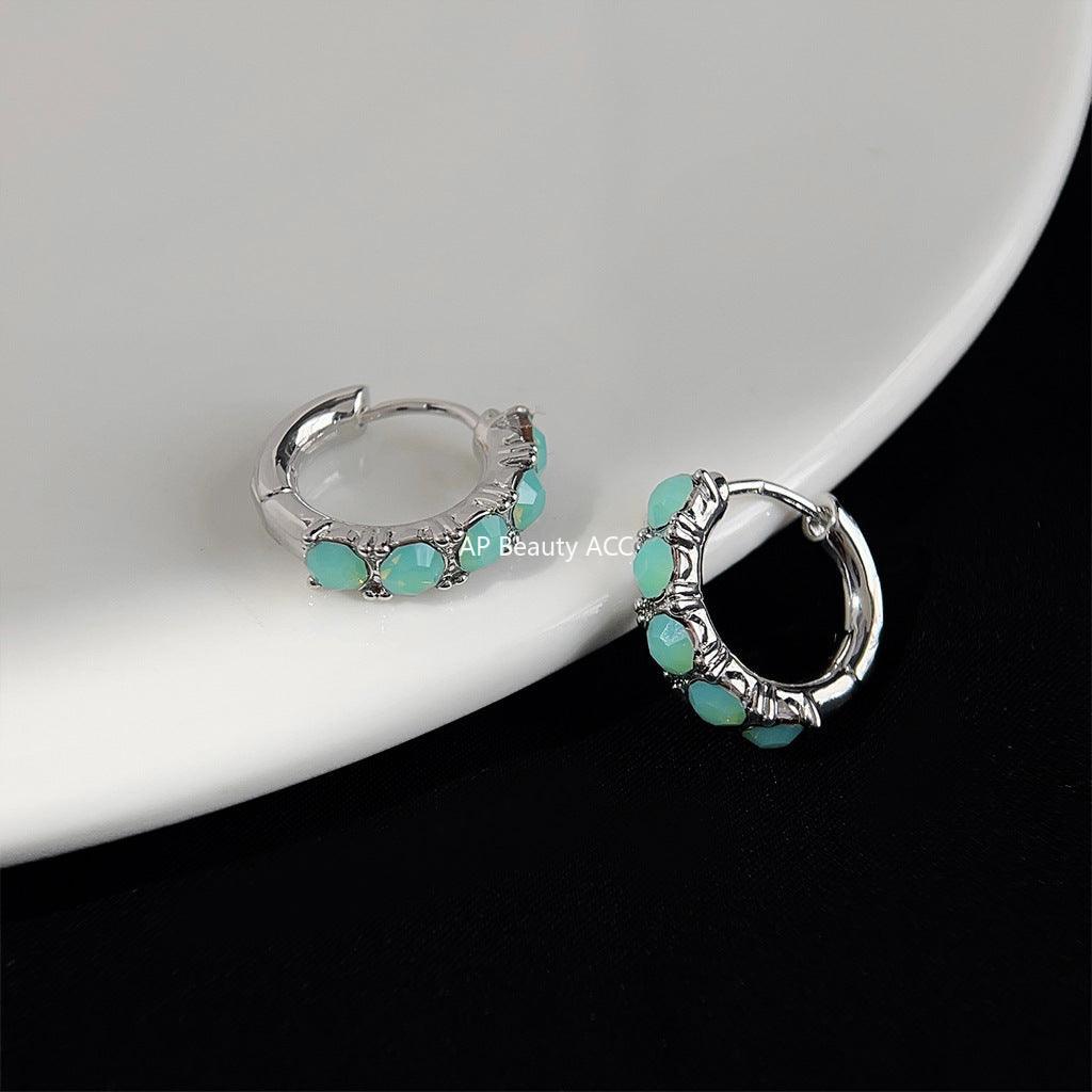 C관 - 산뜻한 글라스 큐빅 프로틴 그린 컬러 인스타 감성 링형 귀걸이 [3603] 24.03-1