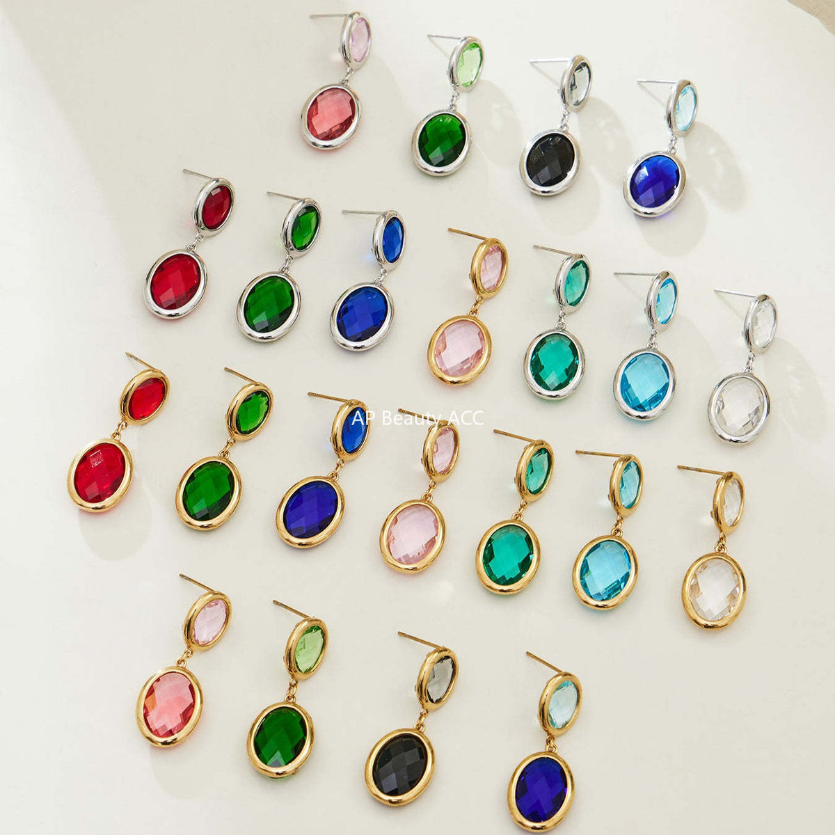 D관 - 스테인리스 스틸 18K 도금 타원 컷팅 글라스 스톤 펜던트 귀걸이 [F957] 25.12-1