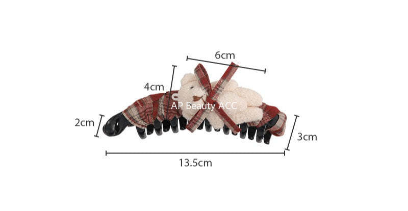 E관 - 체크 패브릭 리본 곰돌이 대형 집게핀 [27722] 25.11-4