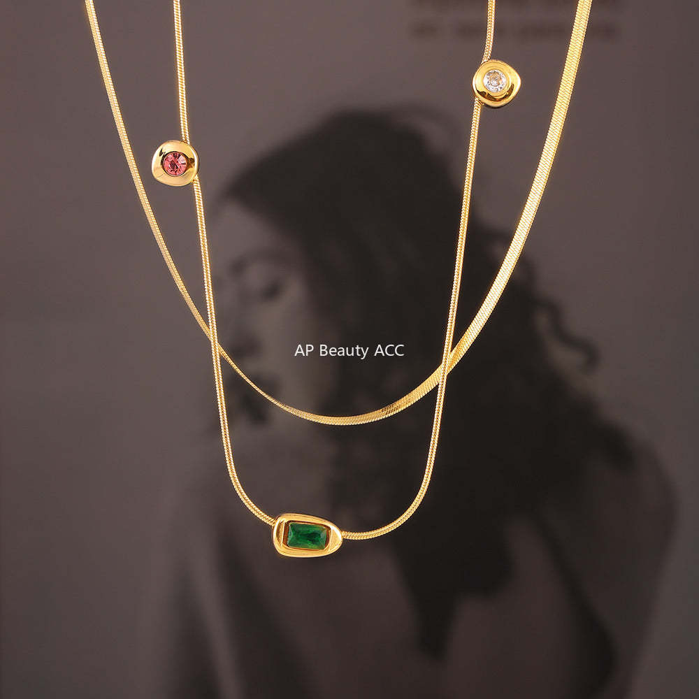 D관 - 티타늄 스틸 18K 도금 삼색 글라스 스톤 펜던트 레이어드 목걸이 [P1876-P1694] 24.07-3