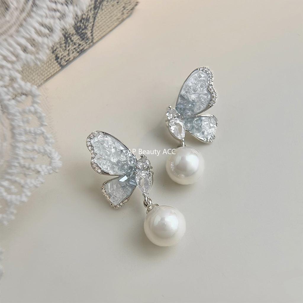 C관 - 그라데이션 블루 나비 진주 글래스 큐빅 925 은침 귀걸이 [5833] 25.04-2