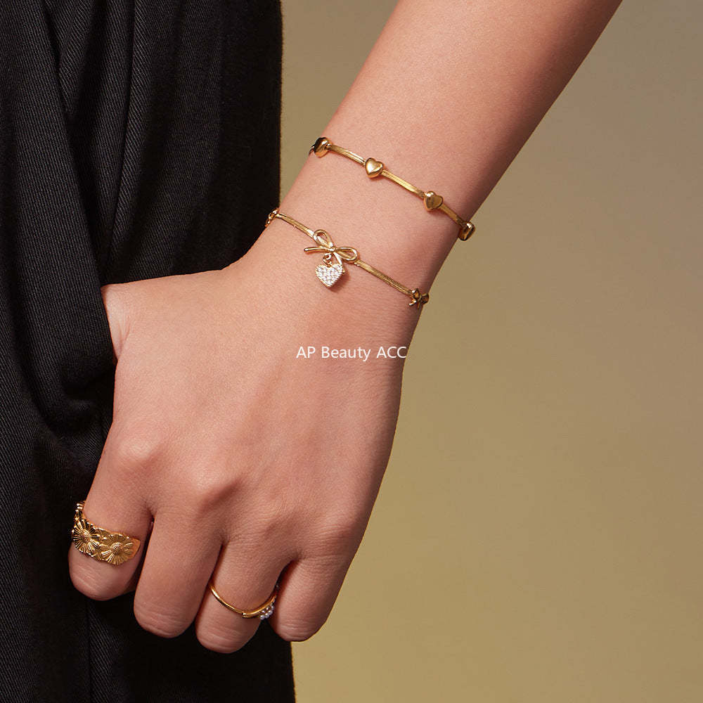 D관 - 스테인리스 스틸 리본 하트 풀큐빅 18K 도금 팔찌 목걸이 [TXP499] 25.11-4