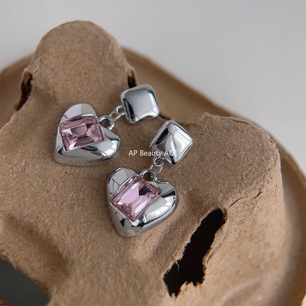 C관 - 상큼한 분홍색 유리 크리스탈 하트 은침 귀걸이 [3682] 24.03-5