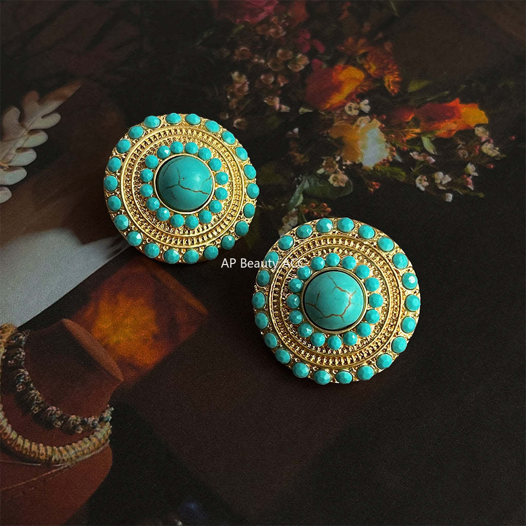 C관 - 합성 터키석 기하학 원형 빈티지 14K 도금 세련된 귀걸이 [4314] 24.07-1