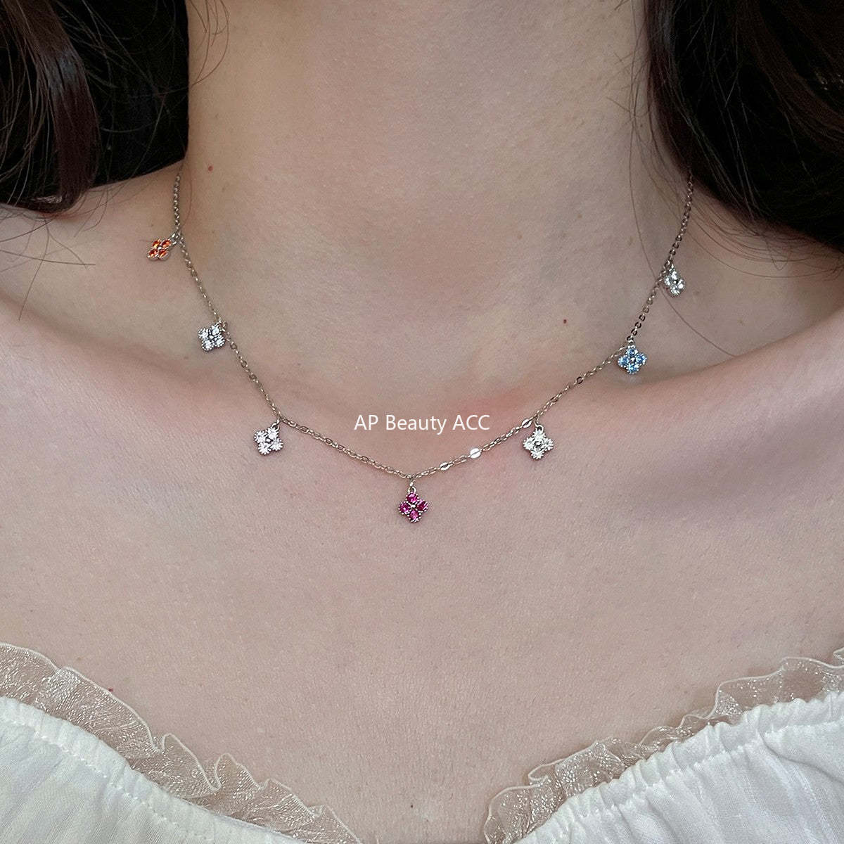 A관 - 네잎클로버 모양 컬러 큐빅 펜던트 목걸이 [XL-1214] 25.12-2