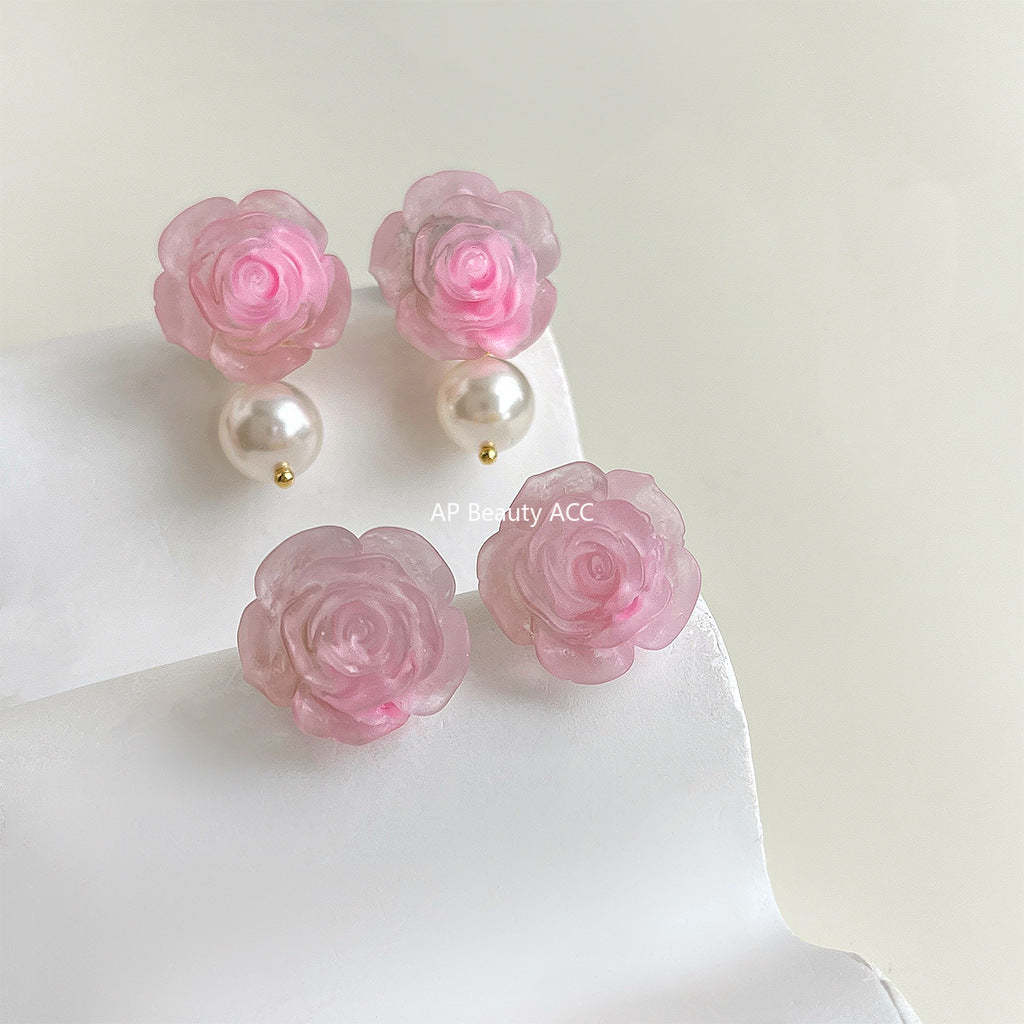 C관 - 분홍 장미 은침 스윗한 글라스 진주 14K 도금 여름 귀걸이 [4412-4413] 24.06-4