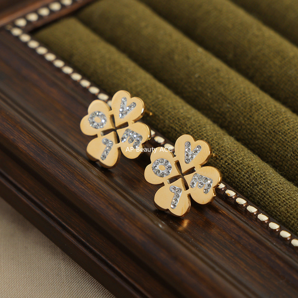 D관 - 티타늄 스틸 네잎클로버 큐빅 LOVE 레터링 귀걸이 [F394] 25.10-1