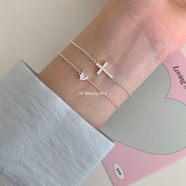 A관 - 925 실버 하트 십자가 디자인 큐빅 팔찌 [SL-487] 25.11-1