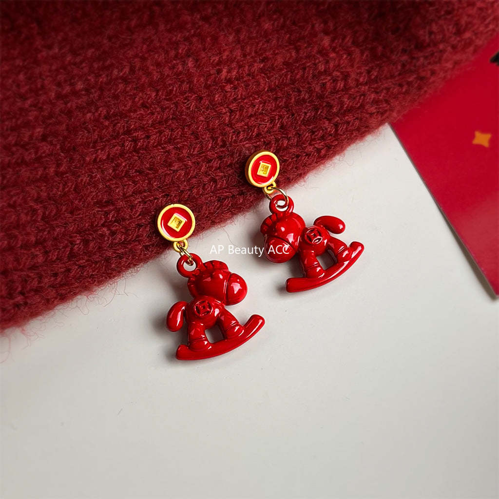 C관 - 목마 레드말 코인 모양 925 은침 귀걸이 [7207] 25.12-2