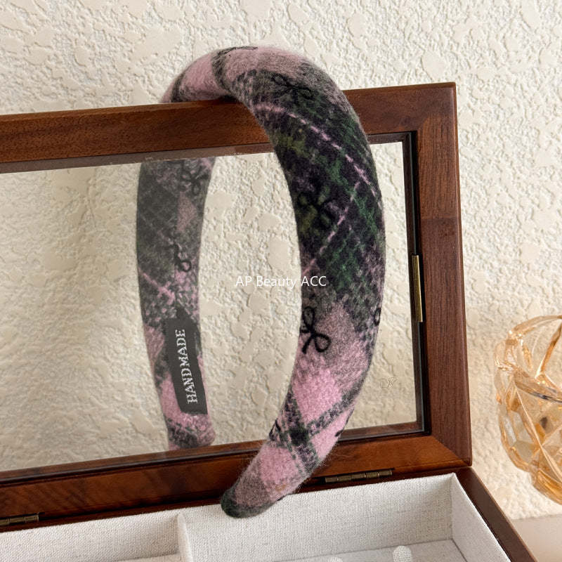 E관 - 모직 체크 리본 패턴 볼륨 머리띠 [26085] 25.11-3