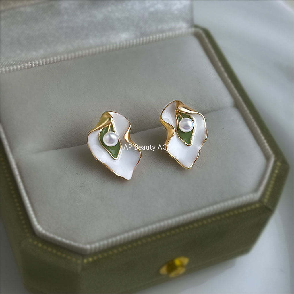 C관 - 925 은침 핸드페인팅 나뭇잎 디자인 진주 귀걸이 [6780] 25.09-4